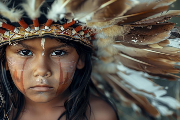 Americanos Kid Native Portrait Criança indígena americana da tribo com cabeça pintada de penas faciais