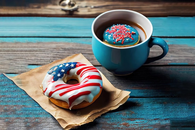 Amerikanische Donuts mit Glasur in den Farben der USA-Flagge blau rot weiß Tasse Kaffee auf hellblau