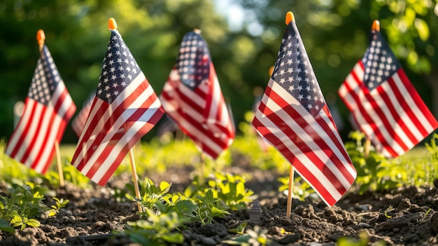 Amerikanische Fahnen am Memorial Day entlang eines ruhigen Weges