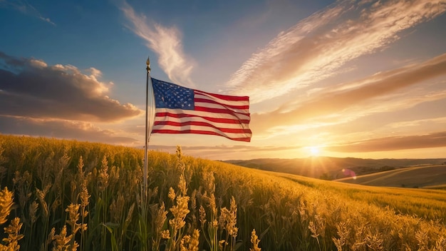 Amerikanische Flagge auf dem Weizenfeld bei Sonnenuntergang USA Unabhängigkeitstag Konzept
