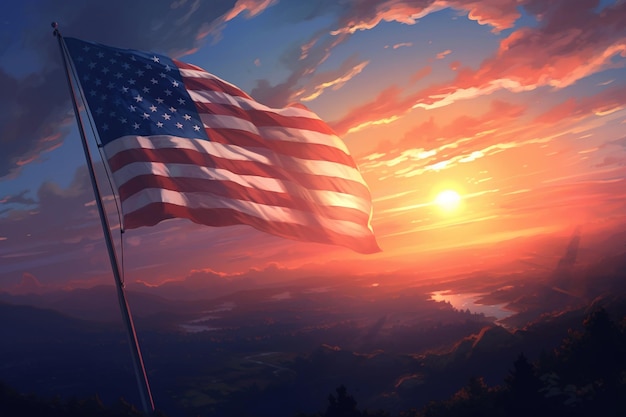 Amerikanische Flagge auf einem Fahnenmast, der gegen eine Sonnenuntergangslandschaft weht, Illustration Konzept des Patriotentags zum Unabhängigkeitstag der USA