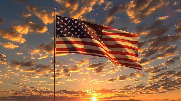 Amerikanische Flagge auf einem Fahnenmast, die im Wind gegen Wolken winkt, amerikanische Flagge vor einem hellen Himmel