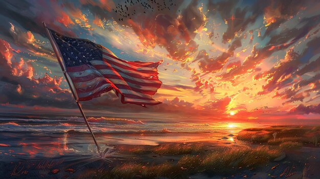 Amerikanische Flagge auf einem Fahnenmast, die im Wind gegen Wolken winkt, amerikanische Flagge vor einem hellen Himmel