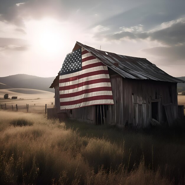 Foto amerikanische flagge auf einer alten verlassenen scheune im feld 3d-render