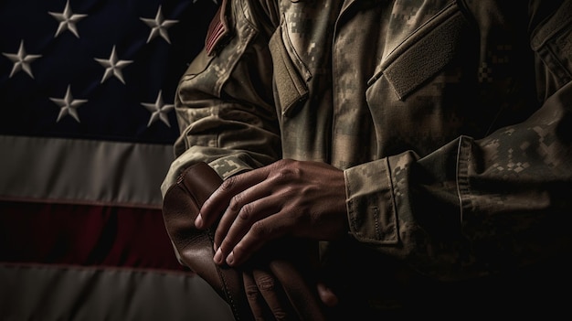 Foto amerikanische flagge, die von einem soldaten gehalten wird