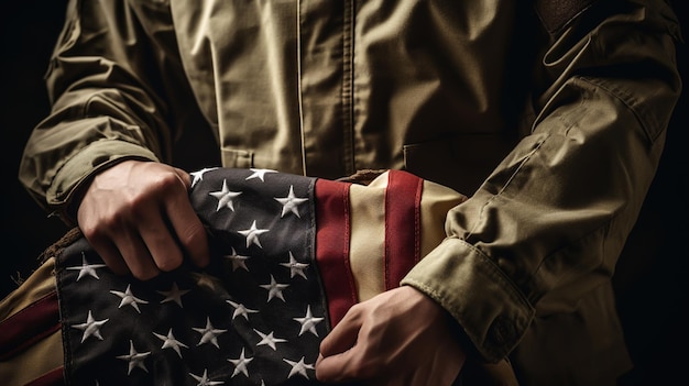 Foto amerikanische flagge, gehalten von einem soldaten