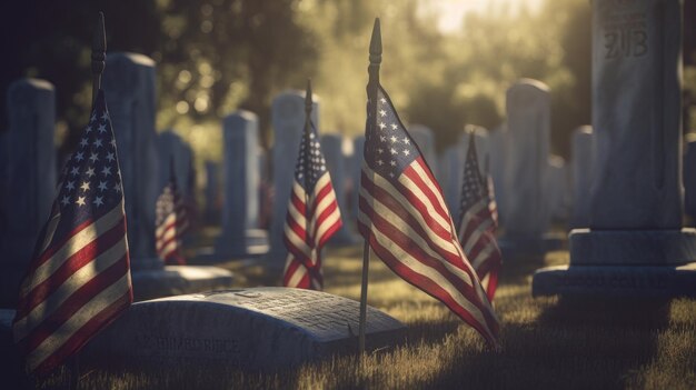 Amerikanische Flagge in Rot, Weiß und Blau über einem Friedhof, ideal zur Ehrung der Gefallenen des Landes Generative KI