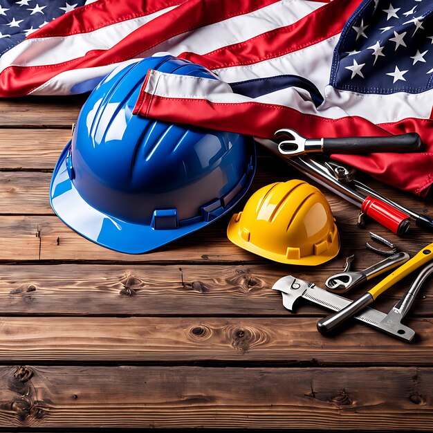 Amerikanische Flagge mit Sicherheitshelm und Werkzeugen auf dem Holz