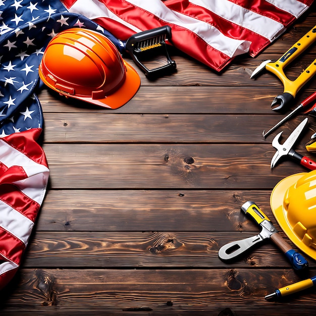 Amerikanische Flagge mit Sicherheitshelm und Werkzeugen auf dem Holz