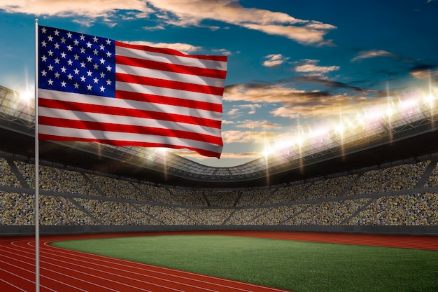 Amerikanische Flagge vor einem Leichtathletikstadion mit Fans.