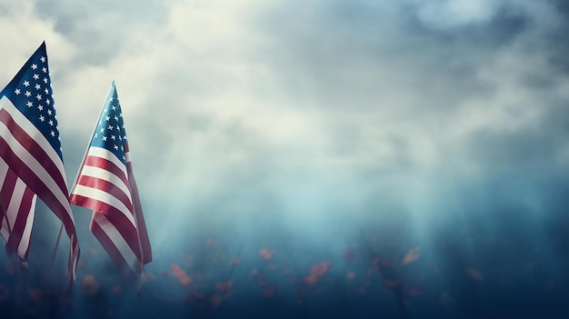 Amerikanische Flaggen auf einem blauen Nebel-Hintergrund Glücklicher Veteranen-Tag Gedenktag Unabhängigkeitstag