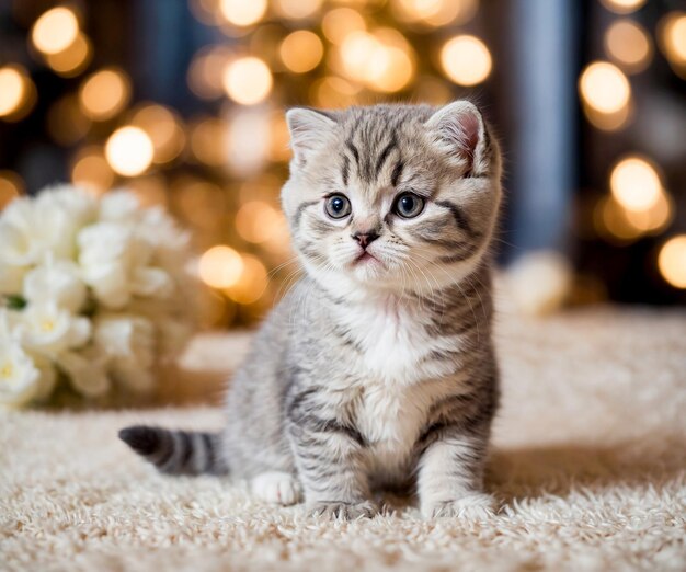 Foto amerikanische kurzhaar-kätzchen sitzen auf einem weichen teppich mit bokeh-hintergrund, generiert von ki künstlich
