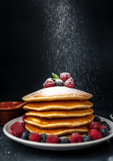 Amerikanische Pfannkuchen mit Himbeeren, frischen Blaubeeren und Honig. Gesundes Frühstück auf Beton