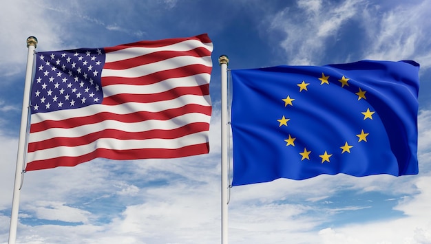 Amerikanische und EU-Flaggen über blauem Himmel Konzept des Handelsgeschäfts zwischen den USA und der Europäischen Union 3D-Rendering