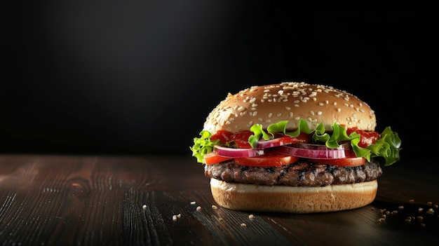 Amerikanischer Burger mit hausgemachtem Brötchen mit Sesamkerne, gebratenes Fleisch, Kessel, Tomaten, Salat und frischen Zwiebeln.