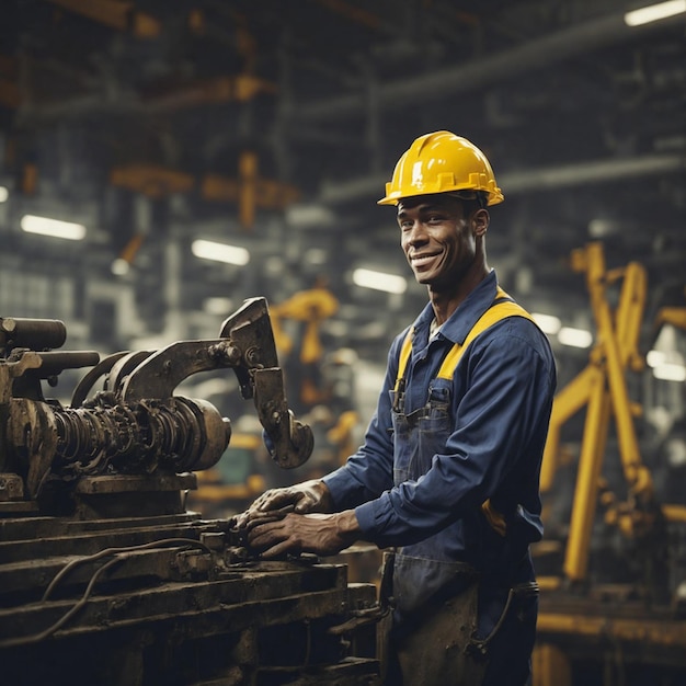 Foto amerikanischer fabrikarbeiter, der schwere maschinen bedient. bild zum amerikanischen tag der arbeit
