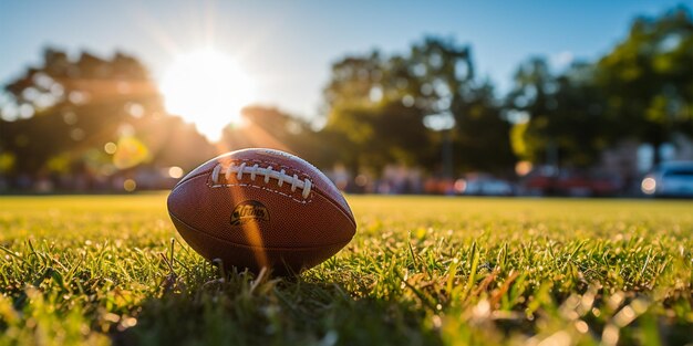 Foto amerikanischer fußball auf einem grasfeld mit blauem himmel und wolken im hintergrund