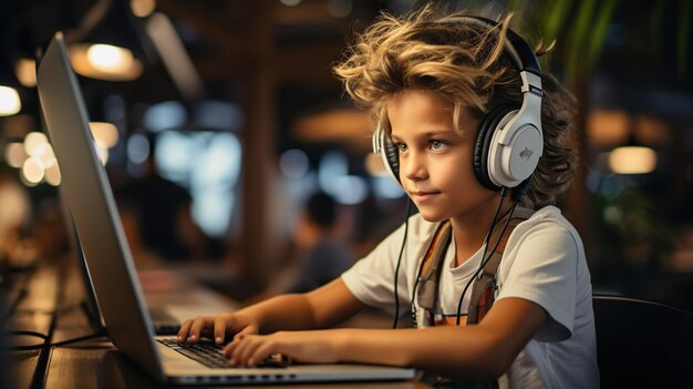 Amerikanischer Junge lernt und benutzt Laptop, während er zu Hause E-Learning betreibt