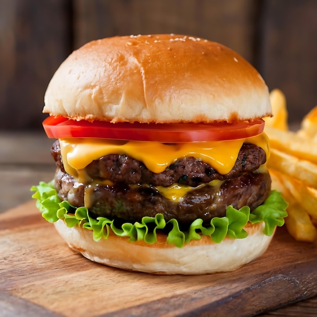 Amerikanischer Käse BBQ Rindfleisch mit Tomaten Salat saftiger Burger Fastfood Präsentation Studio Produkt