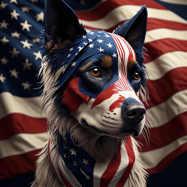 Amerikanischer patriotischer Hund mit der Flagge auf seinem Gesicht