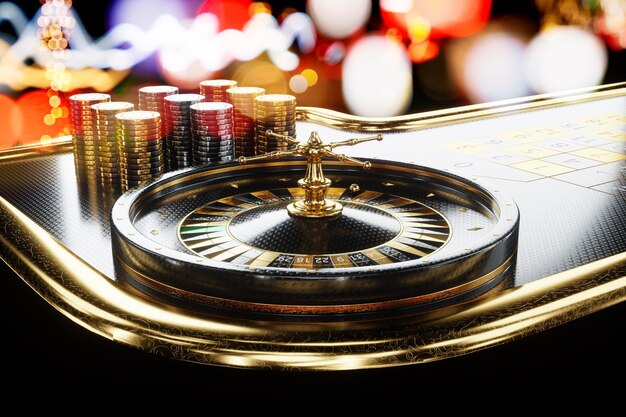 Amerikanischer Roulette-Tisch und Stapel in einem Casino. Kreative Casino-Vorlage, Hintergrunddesign, Sucht, Header für Website. 3D-Darstellung, 3D-Rendering.