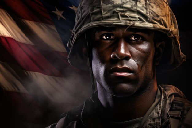 amerikanischer Soldat gegen dunklen Hintergrund amerikanische Flagge