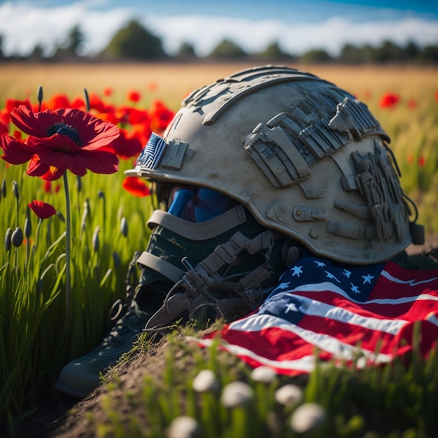 Amerikanischer Soldatenhelm in einem Mohngarten mit USA-Flagge Generative KI