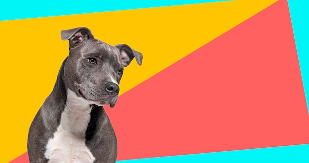 Amerikanischer staffordshire-terrier-hund, der auf mehrfarbigem hintergrund wegschaut