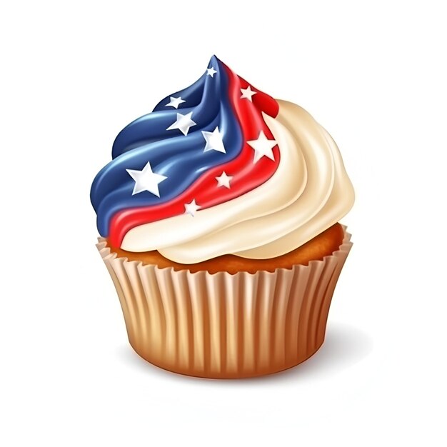 Amerikanischer Vanille-Cupcake in Farbe USA-Flagge auf weißem Hintergrund Patriotische Unabhängigkeit Generative KI