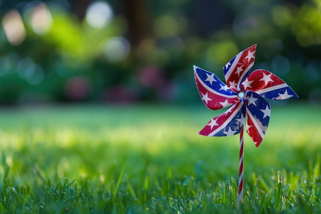 Amerikanisches Flaggenrad auf dem grünen Rasen und verschwommener Hintergrund