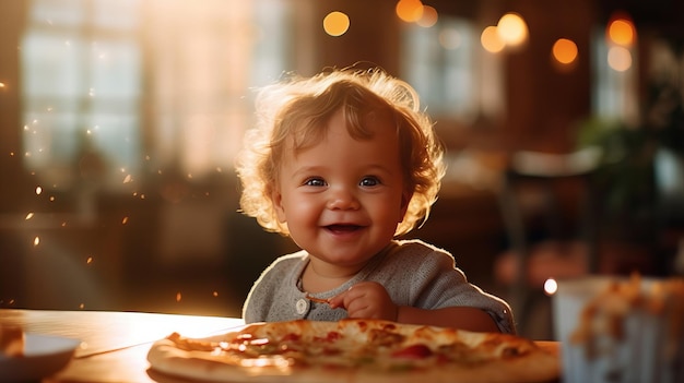 Amerikanisches glückliches Kleinkind sitzt an einem Tisch mit schmackhafter, knuspriger, frischer Pizza