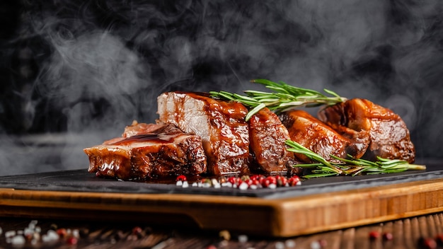 Amerikanisches Lebensmittelkonzept. Gegrillte Schweinerippchen mit gegrillter Sauce, mit Rauch, Gewürzen und Rosmarin. Hintergrundbild. Speicherplatz kopieren