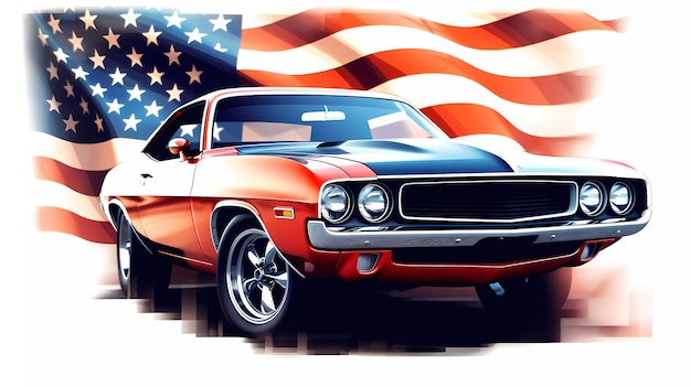 Amerikanisches Muscle-Car mit USA-Flagge