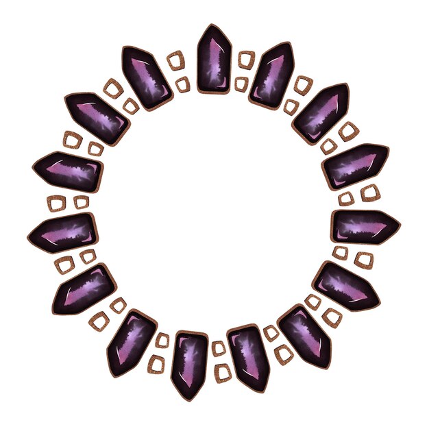 Ametista y cadenas de oro ajuste de joyas collar acuarela ilustración aislada en fondo blanco plantilla redonda para certificado de regalo publicidad invitación postal publicación en redes sociales smm