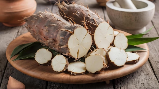 Amido de yuca cru na mesa de madeira manihot esculenta