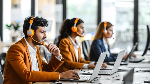 Amigable agente del centro de llamadas indio que proporciona soporte al cliente con auriculares y portátil