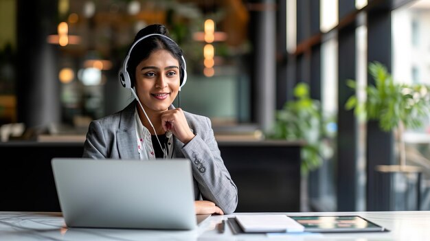 Foto amigable agente de centro de llamadas indio que usa auriculares que proporciona excelentes servicios de soporte al cliente