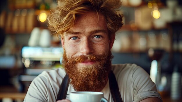 Amigable barista de jengibre con café atmósfera acogedora en un café moderno