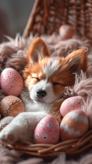 Amigable cachorro durmiendo en una canasta rodeado de papel tapiz