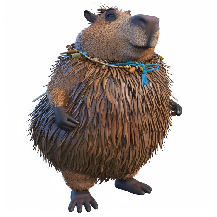 Foto un amigable capibara de dibujos animados con un collar azul y marrón está de pie con una sonrisa