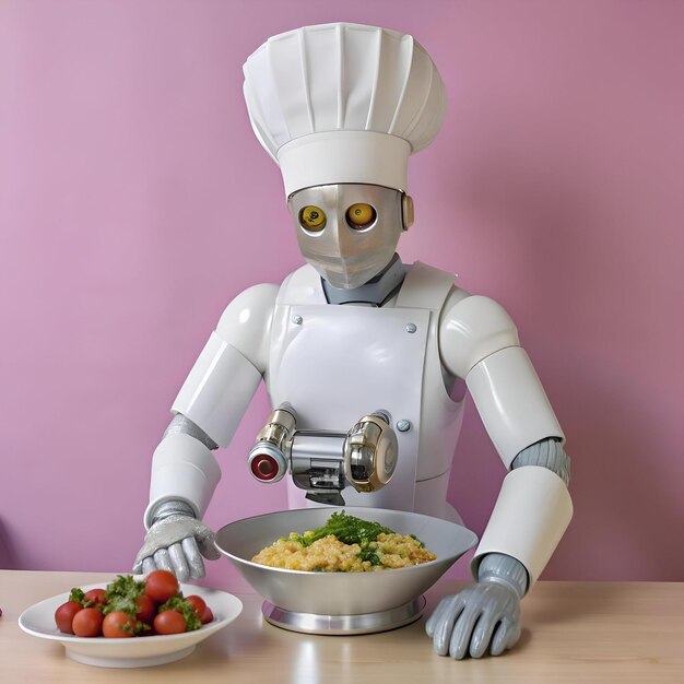 Un amigable chef robot con un toque blanco presenta con orgullo un plato de comida deliciosa que muestra el futuro de la automatización culinaria