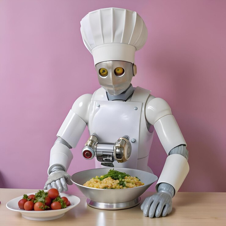 Foto un amigable chef robot con un toque blanco presenta con orgullo un plato de comida deliciosa que muestra el futuro de la automatización culinaria
