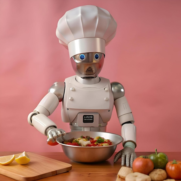 Foto un amigable chef robot con un toque blanco sirve una deliciosa comida