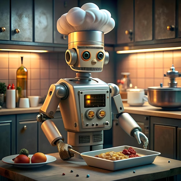 Un amigable chef robot con un toque blanco sirve un delicioso plato demostrando que incluso en el futuro la comida es un lenguaje universal