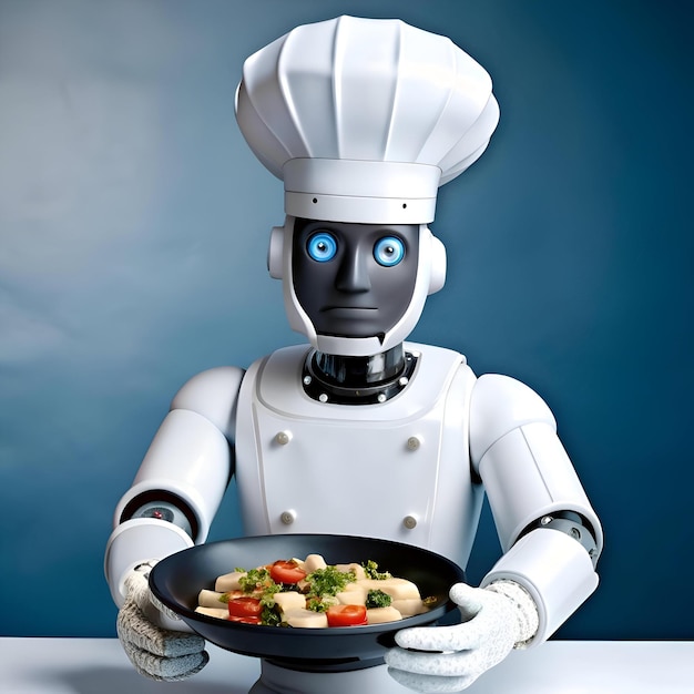 Un amigable chef robot con un toque blanco sostiene un plato de comida recién cocinada que muestra una visión futurista de la innovación culinaria