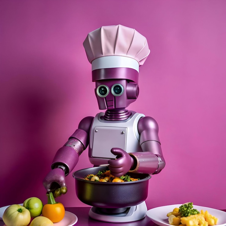 Foto un amigable chef robot con un toque rosa prepara una comida en una olla que muestra el futuro de la tecnología alimentaria