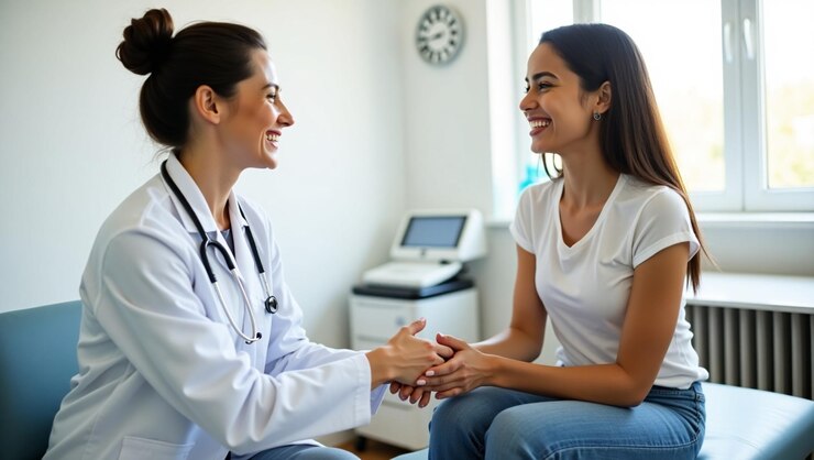 Foto amigable doctora estrechando la mano con un paciente hispano en una oficina médica moderna