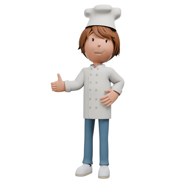 Un amigable personaje de chef de dibujos animados en 3D en un uniforme blanco da un pulgar mientras sonríe