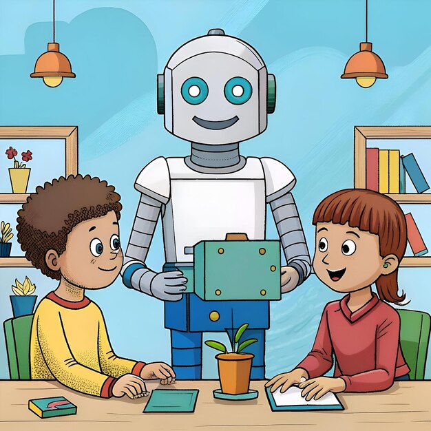 Un amigable profesor robot ayuda a dos niños en un aula