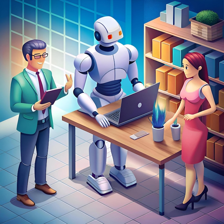 Foto un amigable robot asistente ayuda a un hombre de negocios con las compras en línea mientras una mujer en el fondo observa la interacción